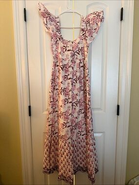 Floral Ruffle Maxi Dress - Pink on Cream